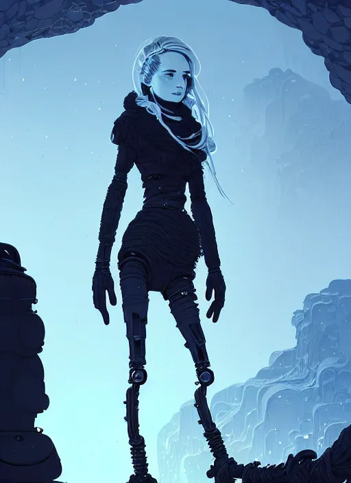 Image similar to highly detailed portrait of a hopeful frostpunk long blonde hair lady with robotic limbs, stray wiring by atey ghailan, james gilleard, by joe fenton, by greg rutkowski, by greg tocchini, by kaethe butcher, 4 k resolution, gradient blue, black and white color scheme!!! ( ( glacier cave background ) )