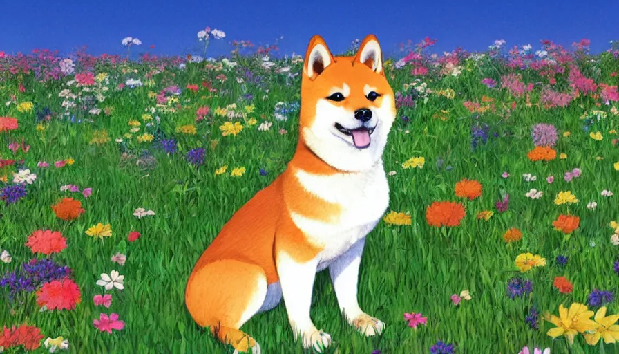 Image similar to a shiba inu standing on a field of flowers, studio ghibli, digital art, illustration, detailed, front page of artstation, sharp focus