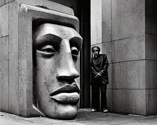 Image similar to by bruce davidson, andrew boog, mystical photography evocative. an intricate fractal concrete and chrome brutalist carved sculpture of the secret faces of god, standing in a city center.