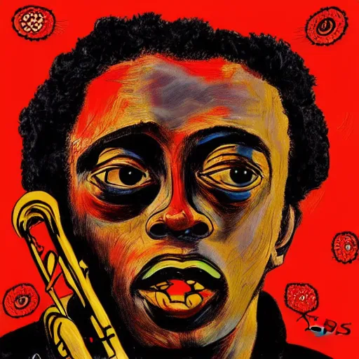 Image similar to miles davis in the style of daniel johnston, 4k