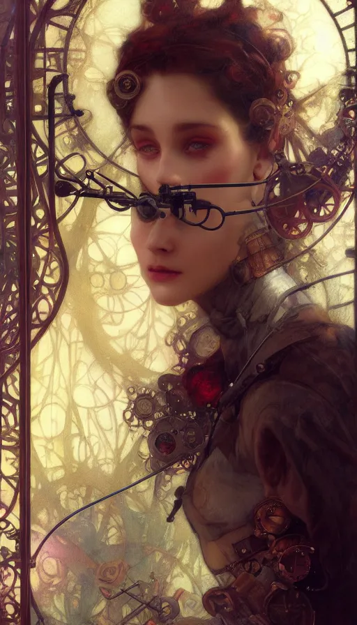 Image similar to hyper realistic photographer looking through camera, magical, steampunk, painted by tom bagshaw, mucha, gaston bussiere, craig mullins, j. c. leyendecker 8 k