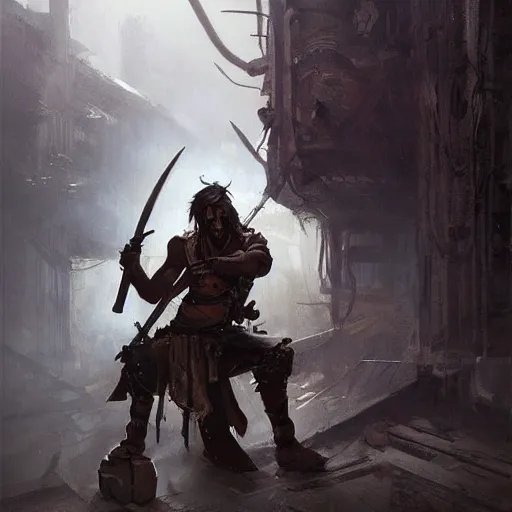 Image similar to steampunk homeless warrior with metal weapons in his body, greg rutkowski