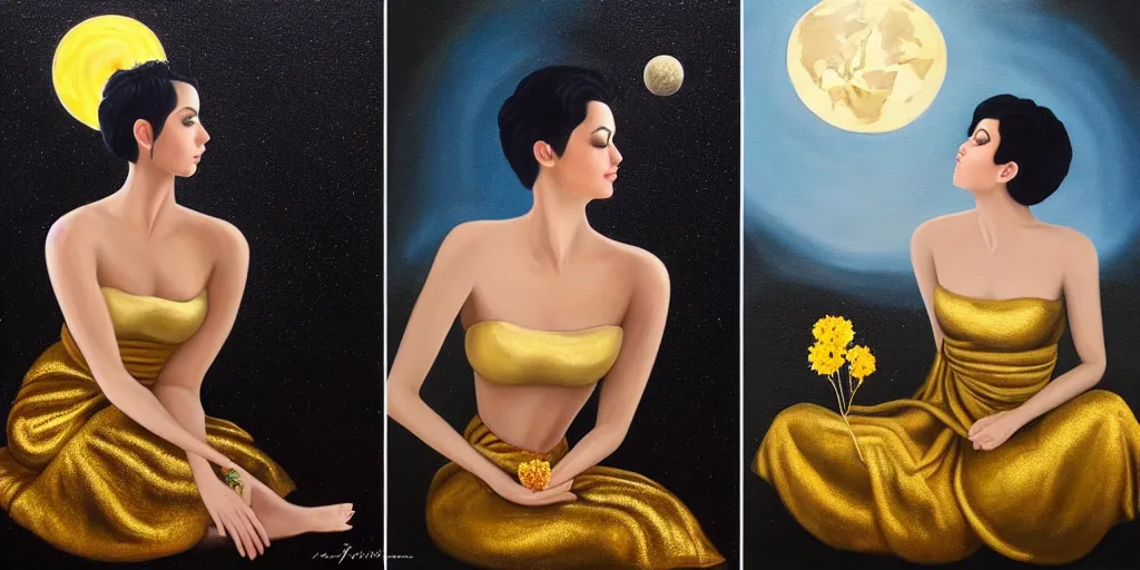 Image similar to very realistic beautiful painting of a woman with short black hair with golden details in it wearing a long metallic golden skirt covering her whole body holding flowers and levitating a pear, sun on the left moon on the right as she is sitting on a rock at night time, hyper realistic 8K HD, highly detailed