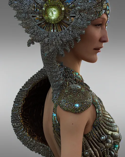 Image similar to a highly detailed metahuman 4 k close up render of an alien goddess bella hadid as mother of god in iris van herpen dress schiaparelli in diamonds crystals swarovski and jewelry iridescent in style of alphonse mucha gustav klimt trending on artstation made in unreal engine 4