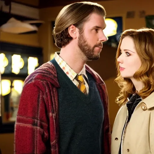 Prompt: photo of a tall guy with dark blond hair bun dating a blond girl in an old restaurant, Gilmore girls aesthetic, realistic, beautiful lighting