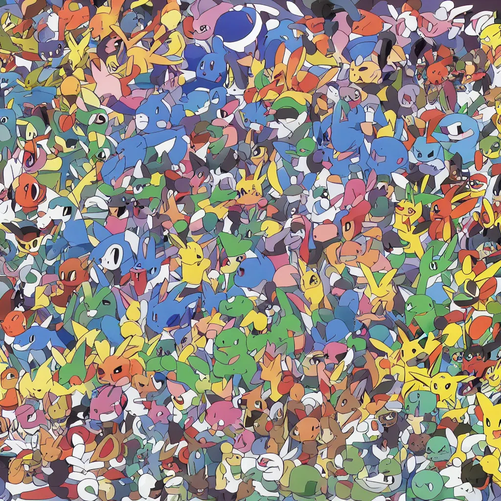 Image similar to official art of a diverse, rainbow-colored crowd of Pokemon, by Ken Sugimori, Bulbapedia,