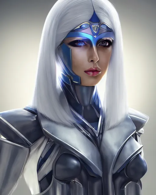 Image similar to perfect white haired attractive egyptian goddess, warframe armor, beautiful, symmetric, dreamy, half asian, pretty face, blue eyes, joanna lumley, detailed, scifi platform, laboratory, experiment, 4 k, ultra realistic, epic lighting, android body, illuminated, cinematic, masterpiece, art by akihito tsukushi, voidstar