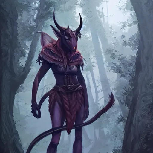 Image similar to Tiefling Druid with tiefling tail D&D, fantasy, full body portrait, highly detailed, digital painting, artstation, concept art, sharp focus, illustration, art artgerm by greg rutkowski