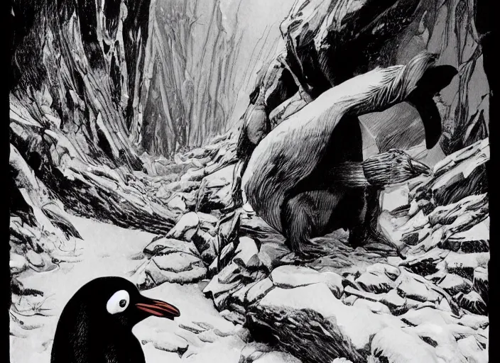 Image similar to penguin rising out of the grave, art by bernie wrightson,