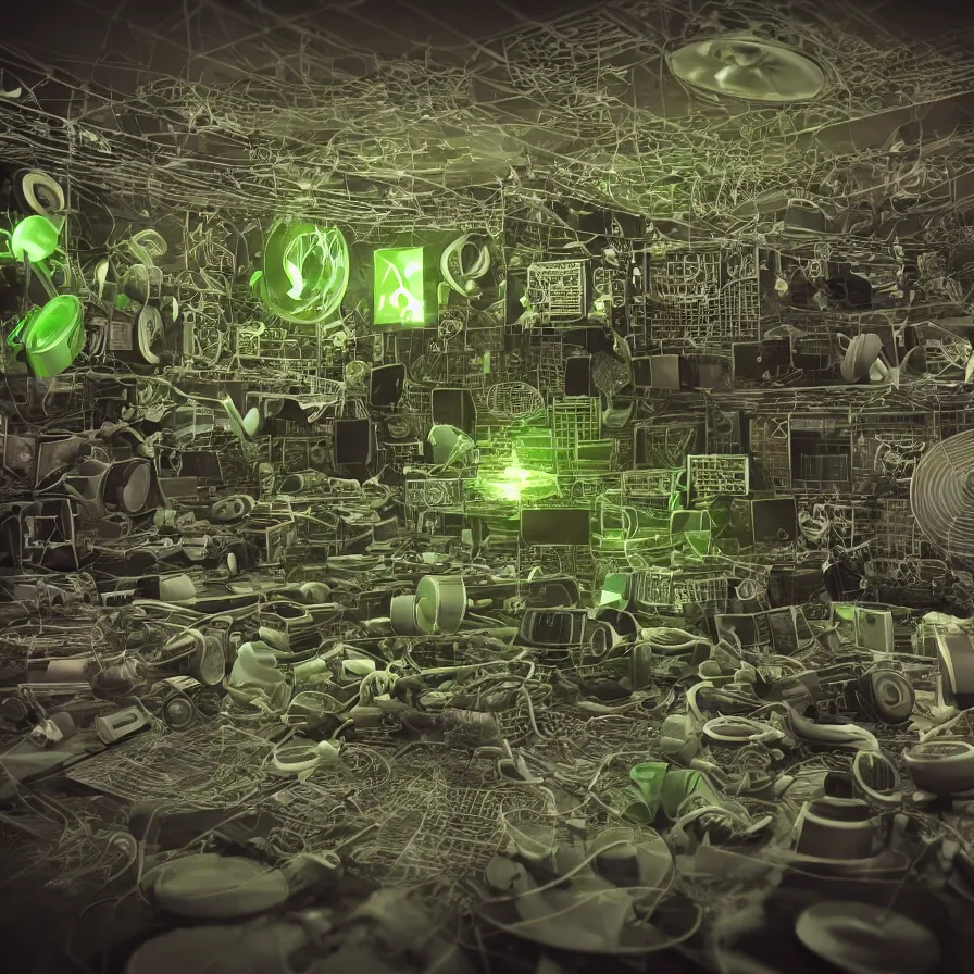 Image similar to realistic detailed 3D render of music, industries, toxic waste