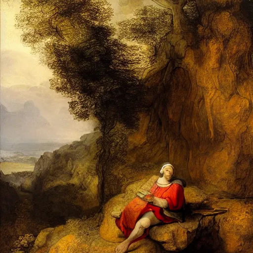 Prompt: A hermit hunchback sits at the entrance to a cave in a mountain on the island of Ithaca, a view of the forest, river and ancient Greek city, in style of Rembrandt