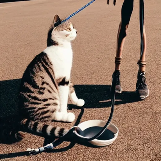 Image similar to a cat standing up on back legs, with a human on a leash as a pet