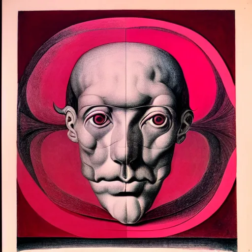 Prompt: red and pink graphic conceptual post - mortem monumental portrait made by escher and william blake and salvador dali, highly conceptual art, intricate detailed painting, illustration sharp detail, manga 1 9 9 0