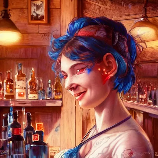 Image similar to an insanely detailed portrait of a smiling beautiful barmaid with short blue hair working at a rustic saloon, wearing red dress, highly detailed features, sparkling blue eyes, long eyelashes, in the style of peter mohrbacher, artgerm, dramatic lighting and composition, octane render, trending on artstation, concept art 8 k