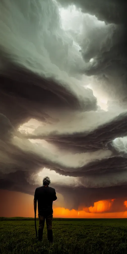 Image similar to a man resting smoking a joint at the end of the world, a supercell storm dark and brooding far away in the distance, open farming fields the foreground during sunset, by stephen king, storm of all storms, end of the world, nature, cinematic, hyperrealistic, evil, dark, cgsociety, 8 k