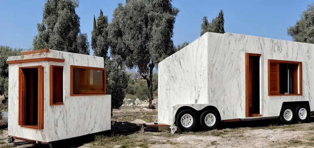 Image similar to greek tiny house on trailer that looks like the parthenon made of marble designed by iktinos and callicrates.