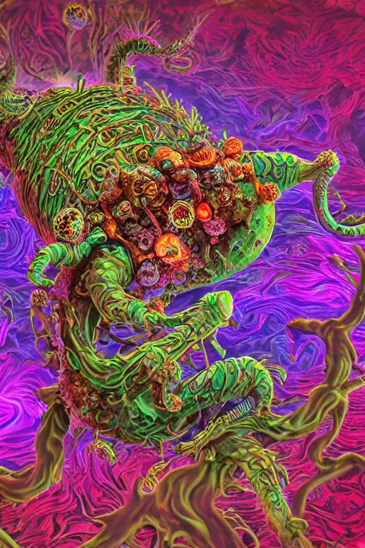 Image similar to creature sushi roots cactus elemental flush of force nature micro world fluo light deepdream a wild amazing steampunk baroque ancient alien creature, intricate detail, colorful digital painting radiating a glowing aura global illumination ray tracing