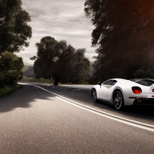 Image similar to super realistic supercar brown bugatti on a road, 4k, 8k, hdr, full hd, high quality textures, high quality shadows, high quality lightning, intense world lightning, HDR, global illumination, post processed, hyperrealistic, photorealistic, photo realistic, realistic, detailed sky