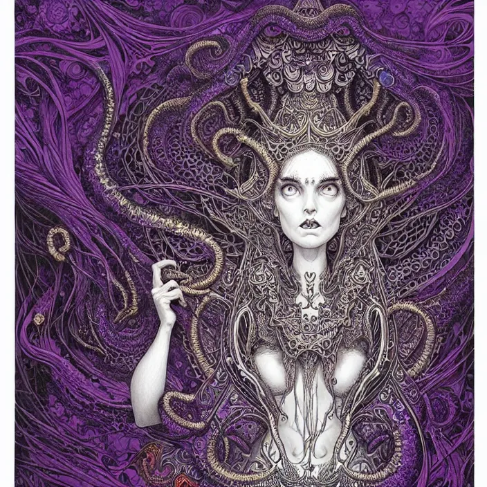 Image similar to depicting a highly detailed beautiful lovecraftian female priestess, in the style of joe fenton, dynamic energetic pose, exuberant organic elegant forms, perfect face, pale skin, by dan hillier : : 1. 4 purple, red, blue, green, black intricate mandala explosions : : intuit art : : turbulent water backdrop : : damask wallpaper : : atmospheric