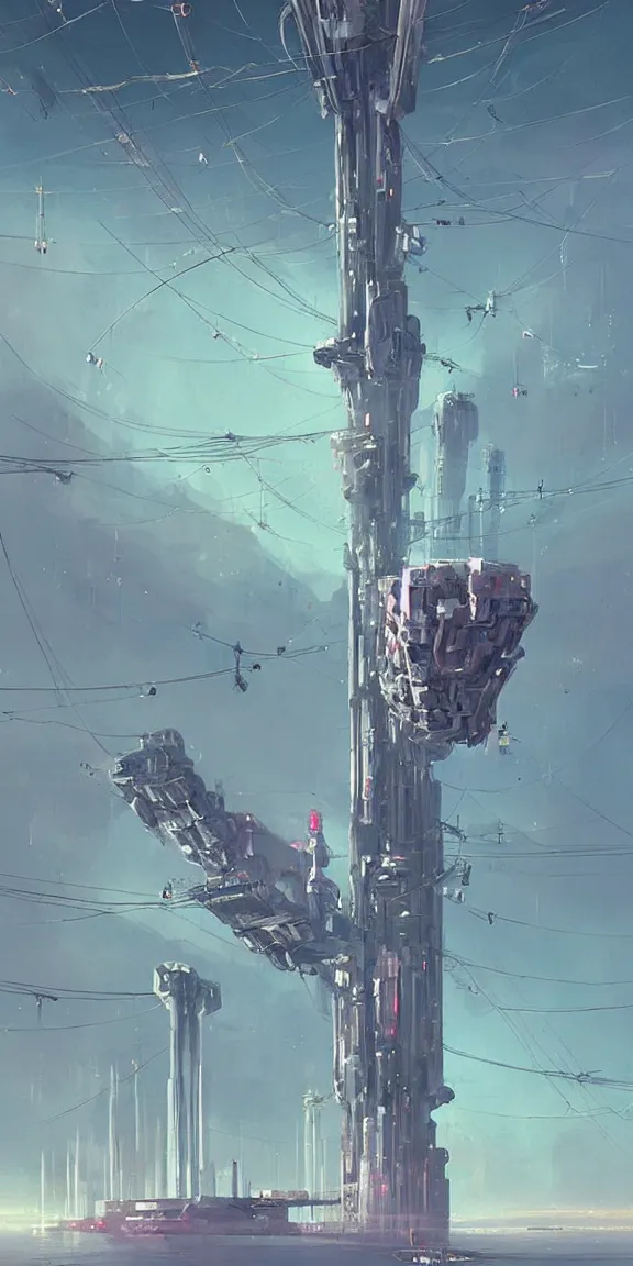 Image similar to tall space elevator with long tendrils, lots of hanging cables and antennas, sci - fi concept art, by john harris, by simon stalenhag, stunning, award winning