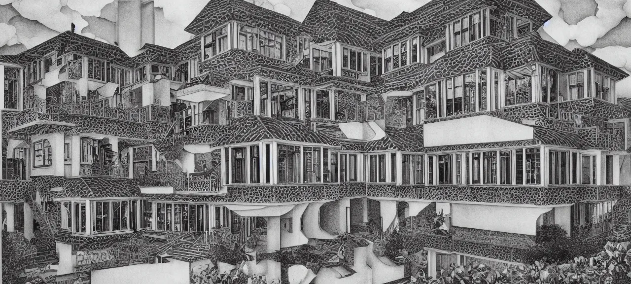 Prompt: M.C. Escher designed my home. M.C. Escher architecture, M.C. Escher design. Photorealistic