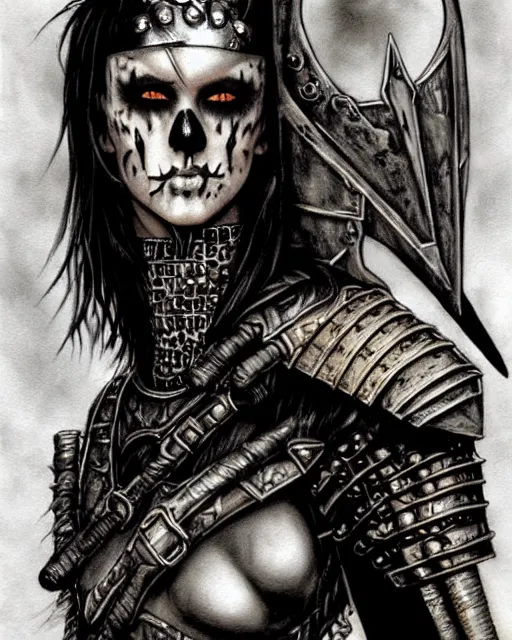 Image similar to portrait of a skinny punk goth warrior wearing armor by simon bisley, fantasy, barbarian, hardcore