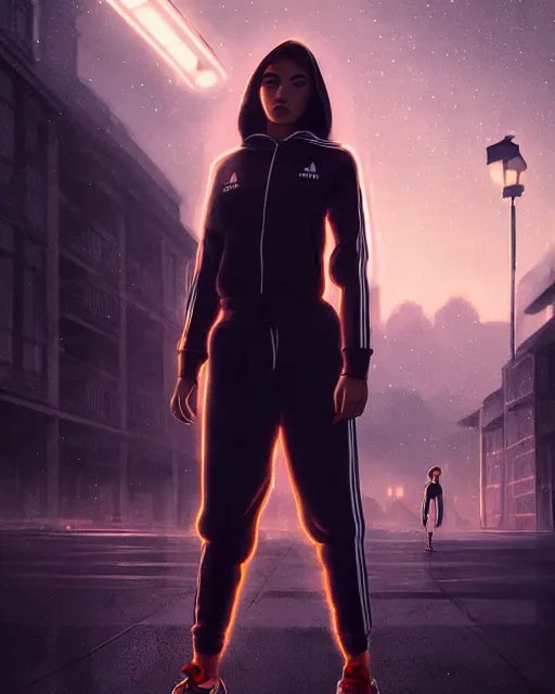 Image similar to portrait of attractive slav heroine wearing an addidas tracksuit. illuminated street lights, slav apartments in backround, by greg rutkowski and wlop, detailed, cinematic, 8 k, intricate, rule of thirds.