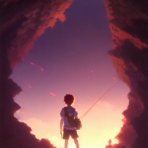 Prompt: a film still portrait of child hiker finding a city inside a cava, finely detailed features, closeup at the faces, sun, water, perfect art, gapmoe yandere grimdark, trending on pixiv fanbox, painted by greg rutkowski makoto shinkai takashi takeuchi studio ghibli, gaston bussiere