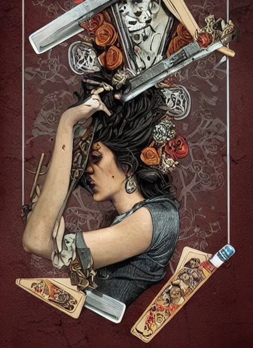 Prompt: tarot card :: horror :: hearts and roses :: cigarettes and smoke :: gold and silver :: guns and swords :: side profile :: highly details :: intricate details :: Sandra Chevrier and bastien lecouffe deharme