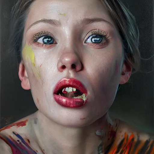 Image similar to a painting of a woman, a photorealistic painting by sam spratt, behance contest winner, shock art, apocalypse art, oil on canvas, hyper realism