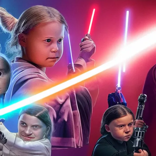 Prompt: Greta Thunberg fighting Donald Trump with lightsabers in Star Wars