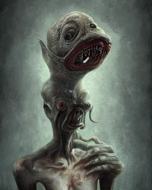 Prompt: a surreal painting of a strange and disturbing creature by anton semenov and dariusz zawadzki and daryl mandryk