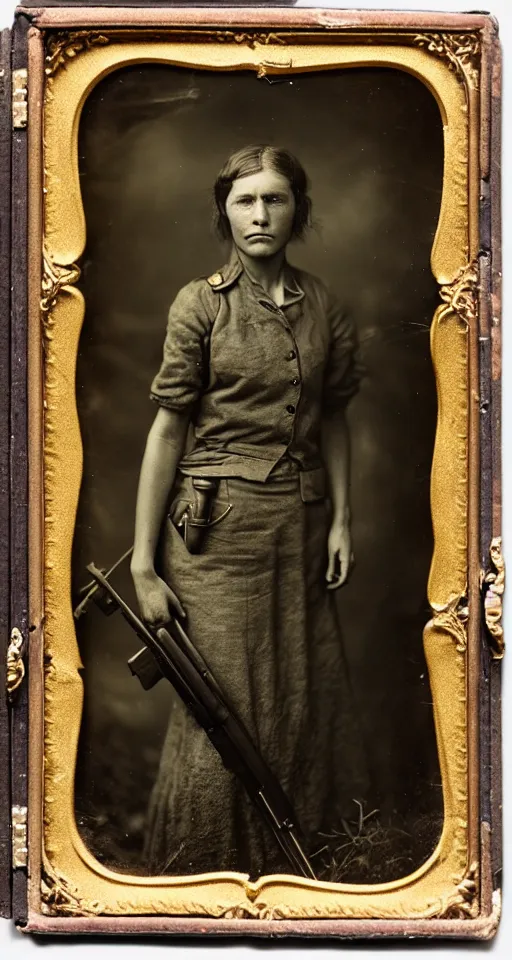 Image similar to a highly detailed wet plate photograph, a portrait of a female hunter holding a rifle