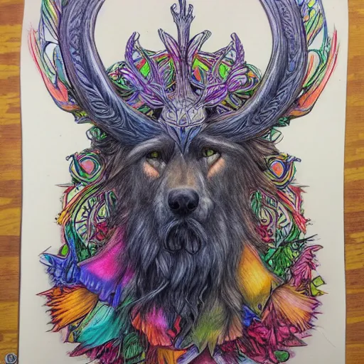 Image similar to Colored pencil art on paper, Druid, highly detailed, artstation, Caran d'Ache Luminance