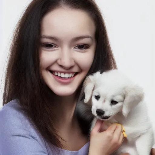 Prompt: woman with puppy, daz, 2 0 - years old, smiling and looking, portrait painting, octane render, white background, art, 8 k, colorful,