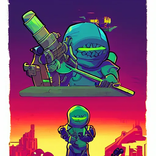 Prompt: nuclear throne artwork, artwork by moebius and dan mumford, smooth gradient colorings, black outlines