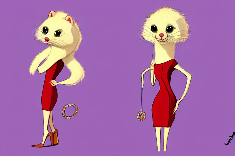 Prompt: detailed flat 2 d : ferret character : wearing diamonds : wearing a stravagant dress : wearing stiletto : head torso legs feet : lorax movie : artstation