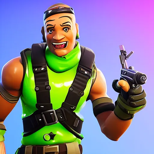 Image similar to fortnite character anthropomorphic pickle with kind eyes and a derpy smile. wearing a flak jacket ammo bandolier cargo pants black combat boots. fortnite, unreal engine, highly detailed