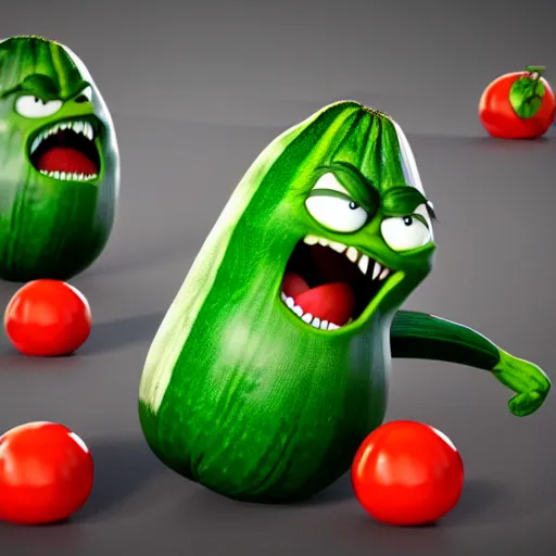 Image similar to detailed 3 d render of an angry furious zucchini with a bloody sword in his hand, running down the road chasing after a group of scared tomatoes, hyper realistic octane render, dramatic lighting, high speed chase, nightmare, surrealism, pixar, disney, cartoon