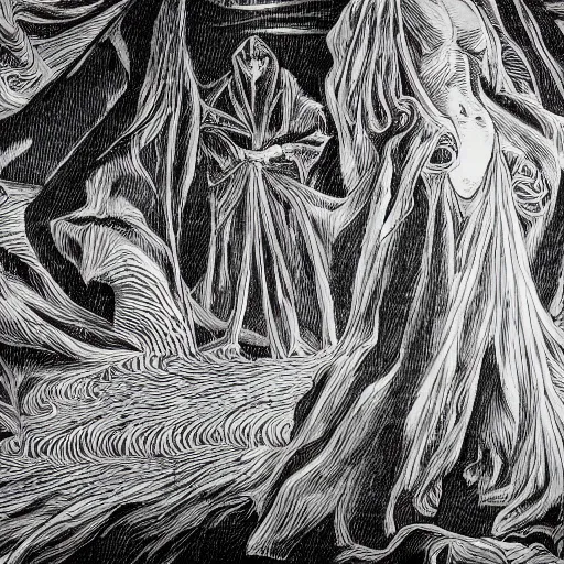 Image similar to a dark figure in a flowing robe haunts the end of time, featured, detailed, 4k, intricate lines