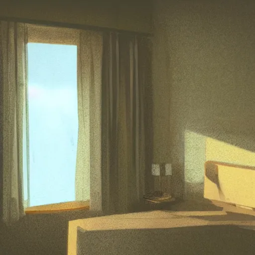 Image similar to hotel room, musty, ambient lighting, light shafts from window blinds, sun ray, dusty, moody, atmospheric, beautiful, abandoned room, motel room, artstation award, detailed, concept art, color sketch