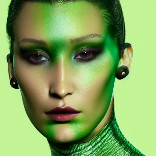 Image similar to bella hadid as a green alien, hyperrealistic, 4k, makeup, symmetrical face