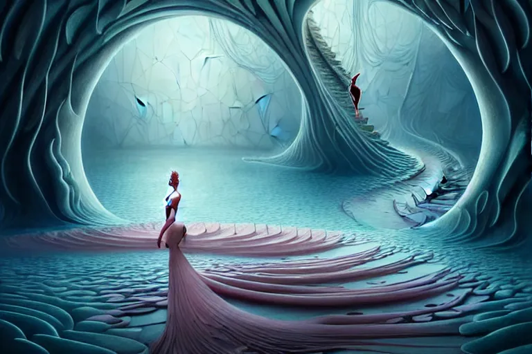 Image similar to beguiling epic stunning beautiful insanely detailed matte painting of a ballerina on an impossible path winding through arctic dream worlds with surreal architecture designed by heironymous bosch, structures inspired by heironymous bosch's garden of earthly delights, surreal ice interiors by cyril rolando and asher durand and natalie shau, whimsical, intricate