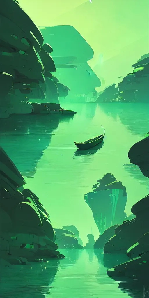 Image similar to by moebius and atey ghailan | a bright green river with clear crystal boats moving up and down it |