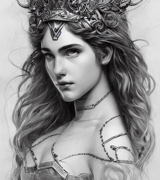 Image similar to beautiful aphrodite goddess wearing an arrow on her head, realistic face, beautiful eyes, black and white drawing, in the style of greg rutkowski, fantasy, amazing detail, epic, intricate, elegant, smooth, sharp focus