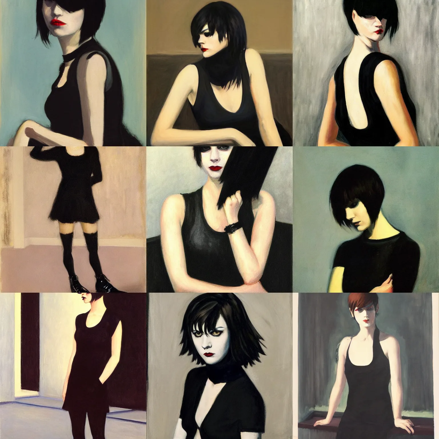 Prompt: an emo portrait by edward hopper. her hair is dark brown and cut into a short, messy pixie cut. she has large entirely - black evil eyes. she is wearing a black tank top, a black leather jacket, a black knee - length skirt, a black choker, and black leather boots.