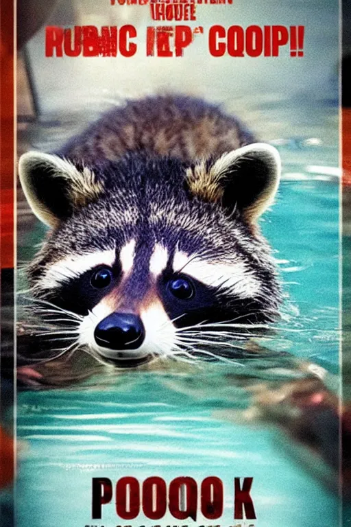 Image similar to raccoon in public pool horror movie poster