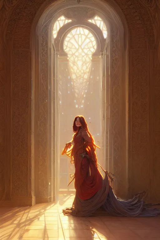 Image similar to painting of a shy noon in front of a dimensional portal, decorated, intricate, elegant, highly detailed, digital painting, artstation, concept art, smooth, sharp focus, illustration, art by artgerm and greg rutkowski and alphonse mucha, 8 k