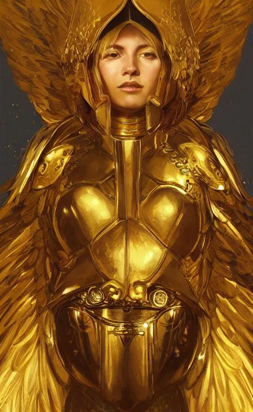 Image similar to Portrait of an archangel with golden wings, heavy armor and helmet, confident, heaven background, intricate, headshot, highly detailed, digital painting, artstation, concept art, sharp focus, cinematic lighting, illustration, art by artgerm and greg rutkowski, alphonse mucha, cgsociety