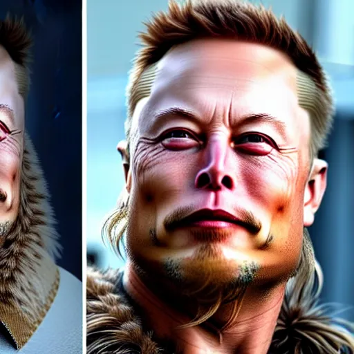 Image similar to elon musk as ragnar lothbrok in viking still from tv - series portrait tattooed face blue eyes close up looking in camera